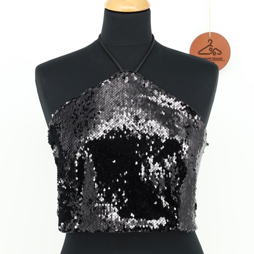 House of Harlow 1960 Black‎ Sequin Halter Crop Top Sparkly Party Club Small NWOT
